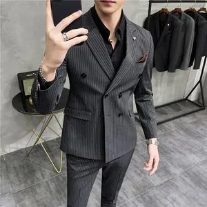 Mens Slim Fit Striped Double-Breasted Suit Two-Piece Set