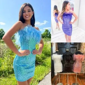 knee length dresses for ladies Feather One-Shoulder Sequin Party Dress main image 0