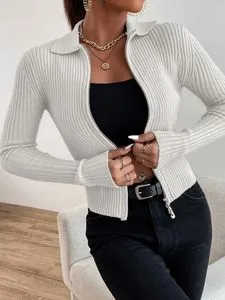 Womens Rib Knit Crop Cardigan: Sexy Double Zipper Long Sleeve Y2K