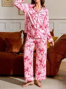 Nicoxijia Women's Y2k Bow/Rabbit Print Pajama Set - Button-Down Top & Shorts, Soft Lounge Sleepwear - View #2