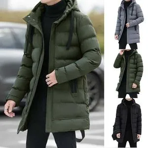 Mens Thickened Quilted Puffer Long Jacket Men Mid Length Hooded