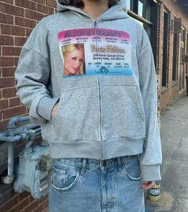 Retro Zip Hoodie Oversized Gray Graphic Print From Mysticastore