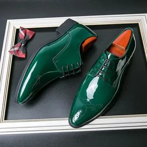 High-Quality Green Patent Leather Mirror Face Oxfords for Men - Pointed Lace-Up Business Green dress shoes mens (250310)