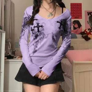 Cross Wing Graphic Tee, Y2K Punk Style, Long Sleeve Top | DHgate