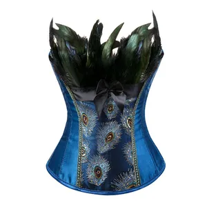 Women Plus Size S-6XL Peacock Embroidery Brocade Burlesque Overbust Corset Fashion Classic Lace-up Bustier Dancing Corset Top with Feathers