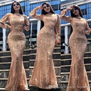 Elegant Sparkly Rose Gold Sexy Mermaid Evening Dresses Long Sleeves Sequined Cuff Illusion Neck Long Prom Dresses Evening Gowns robes de