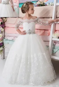 Lovely Princess Flower Girl Dresses Sweep Train Child First Communion Gowns for Wedding with Lace Appliques Kids Party Wear Custom
