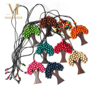 Rainbow Wooden Beads Pendant Necklace Handmade Tree Of Life Fashion Boho Ethnic Long Statement Necklaces Jewelry for Women Gift