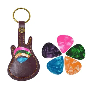 Guitar Pick Holder Leather Keyring Keychain Case for Guitar Pick Bag with 5Pcs Plectrums Gift