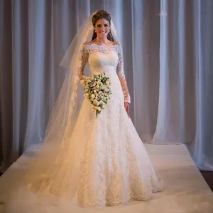 2020 Vintage Off the Shoulder Tulle A-Line Wedding Dresses Appliques Lace Long Sleeves Floor Length Bridal Gowns Vestido De Novia