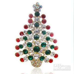 Gold Plated Multicolored Rhinestone Crystal Christmas Tree Pin Brooch