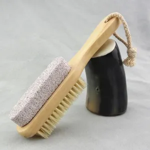 Natural Handle Bristle Pumice Stone Rub Feet Foot Exfoliating Dead Skin Remover Spa Massager Wooden Brush F1788