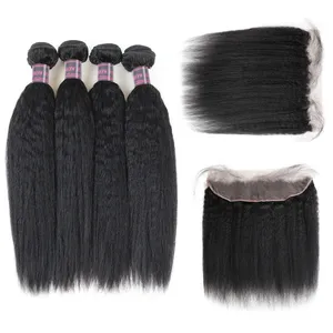 Yaki Straight Virgin Hair Extensions Ishow Human Hair Bundles With Closure Brazilian Hair 3Bundles With Lace Frontal