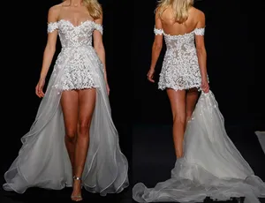 New Detachable Train Designer short wedding gown Floor Length Robe vestidos de fiesta High Low Formal bridal dress With Lace Arabic Dresses
