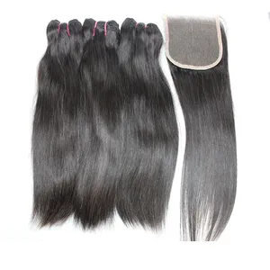 Super Double Drawn Human Hair Bundles with Closure Straight Brazilian Virgin Human Hair Wefts with 4x4 Hair Closure Natural Color 8-22 inch