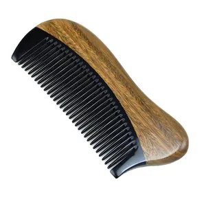 Natural Green Sandalwood Hair Comb - No Static Wooden Fine Tooth Black Buffalo Horn Comb (Green sandalwood)