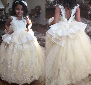 2020 White First Communion Flower Girl Dresses For Wedding Princess Tulle Lace Applique Hem Ball Gown Kids Graduation Pageant Gowns BC1012