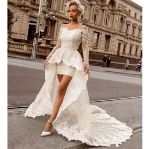 2019 Above Knee Mini Sheath Lace Wedding Dresses with Detachable Train Sexy Off the Shoulder Long Sleeve Bridal Wedding Gowns