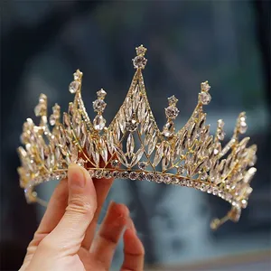 Princess Tall Crown Tiara Rhinestone Wedding Bridal Crystal Headband Queen Headdress Jewelry Party Prom Girl Headwear Jewelry Gold Luxury