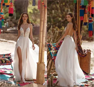 2020 Asaf Dadush Wedding Dresses High Split Lace Applique Beads A Line Bohemian Wedding Dress Floor Length Sexy Backless Robes De Mariée
