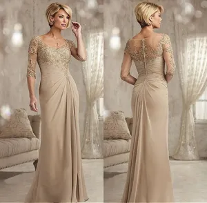 Beaded Lace Champagne Mother of The Bride Dresses Plus Size Chiffon Half Sleeves Groom mother Evening Dress For Wedding