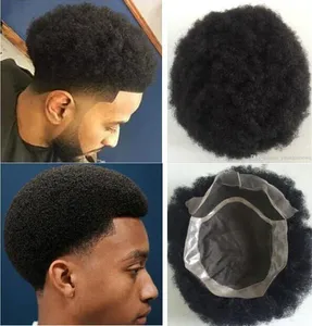 Men Hair System Wig Mens Hairpieces Afro Curl Front Lace with Mono NPU Toupee Jet Black American Virgin Human Hair Replacement for Men