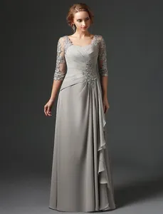 Custom Made Silver Chiffon Mother Of The Bride Dresses A-line 3/4 Sleeves Lace Plus Size Long Elegant Groom Mother Evening Dresses