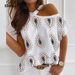 Sexy Off Shoulder Halter Shirt Blouse Summer Women Short Sleeve Tops Blusa Female Casual Daisy Printed Shirts Pullover Plus Size