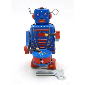 Tinplate Retro Wind-Up Robot, Can Drum& Walk, Clockwork Toy, Nostalgic Ornament, for Kid Birthday Christmas Boy Gifts, Collecting, 2-1