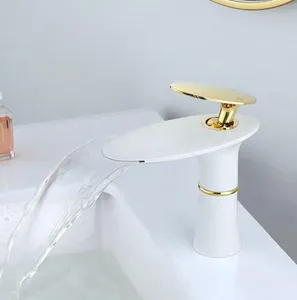 Basin Waterfall Faucet Bathroom Sink Faucet Single Handle Hole Basin Mixer Tap Gold White Grifo Lavabo Wash Hot and Cold Faucets