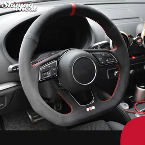 Black Alcantara Hand-stitched Car Steering Wheel Cover for Audi A3 (8V) A4 (B9) Avant A5 (F5) A1 (8X) Sportback Q2 2016-2019