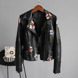 2020 Top Brand Women Jackets Floral Print Embroidery Soft Leather Female Jacket Coat Casual PU Motorcycle Punk Outerwear