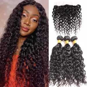 Malaysian Malasian Water Wave 3 Bundles with lace frontal Ocean wave hair extension bouncy curly weave bundles wet and wavy human hairs