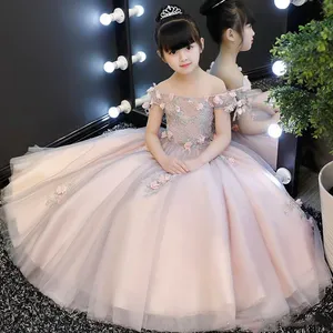 New Arrival Flower Princess Girl Dress Shoulderless Baptsim Pink Tulle Party Wedding Birthday Gown Kids Long Tutu Dresses