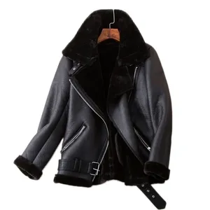 Ailegogo Winter Coats Women Thickness Faux Leather Fur Sheepskin Female Fur Leather Jacket Aviator Outwear Casaco Feminino 201222