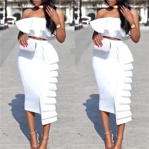 Women 2 Piece Sets Crop Tops Skirts Sexy Dinner Ruffles Off Shoulder Slim Jupes 2020 Fashion New Summer Backless Party Wear Suit T200702