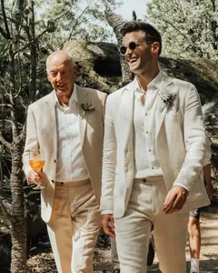 Comfortable Beige Ivory Linen Wedding Tuxedos 2 Pieces Trim Fit Mens Suits Fathers Formal Wear Spring Summer Beach Weddings Suit Groom Prom Party Blazer