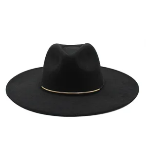 women hats fedora 9.5cm big brim solid color band belt gold chain felt hats formal church wedding classic white winter hats men