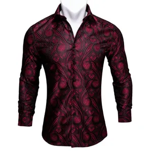 Barry.Wang Red Paisley Bright Silk Shirts Men Autumn Long Sleeve Casual Flower Shirts For Men Designer Fit Dress BCY-011