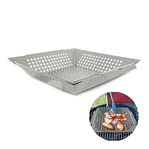 Barbecue Grill Pan Baking Tray Stainless Steel Square Vegetable Grill Basket BBQ Grid Topper Veggies Barbecue Wok Tool 20cm 30cm T200111