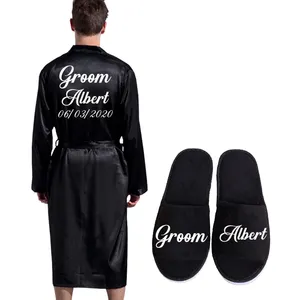 Groom Robe Emulation Silk Soft Home Bathrobe Nightgown For Men Kimono Customized Name and Date Personalized for Wedding Party 201111