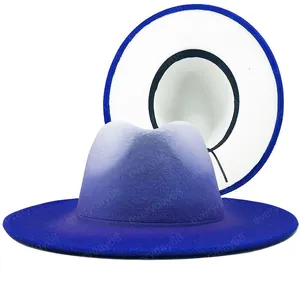 Women Men Wool Vintage Trilby Felt Fedora Hat With Wide Brim Gentleman Elegant Gradient Royal blue For Lady Winter Jazz Caps