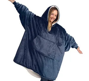 Winter Outdoor Hooded Pocket Blankets Warm Soft Hoodie Slant Robe Bathrobe Sweatshirt Pullover Fleece Blanket With Sleeves