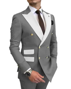 Fashion Grey Mens Wedding Tuxedos Peak Lapel Double-Breasted Groom Groomsmen Tuxedos Brand New Man Blazers Jacket High Quality 2 Piece Suit(Jacket+Pants+Tie) 1809