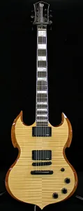 Rare Wylde Audio Barbarian Natural SG Electric Guitar Flame Maple Top & Back, Beveled Edge Body, Large Blocks Inlay, Grover Tuners, China EMG Pickups, Black Hardware