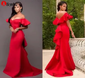 NEW! 2022 Gorgeous Red Mermaid Long Bridesmaids Dresses Off the Shoulder Backless Maid of Honor Floor Length Satin Wedding Party Dress Plus Size