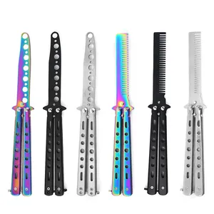 Hair Brushes Foldable Comb Stainless Steel Practice Training Butterfly Knife Comb Beard Moustache Brushe Salon Hairdressing Styling Tool