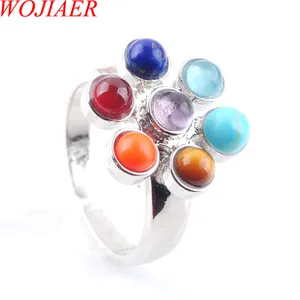 WOJIAER 7 Chakra Open Rings Reiki Energy Healing Point Stone Beads Adjustable Rainbow Flower Women Finger Ring Jewelry X3008