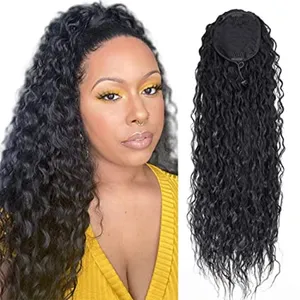 30inch Long Natural Curly Wave Drawstring Ponytail Extensions Human Bun Clip In Ponytail Curly Hairpieces For Women