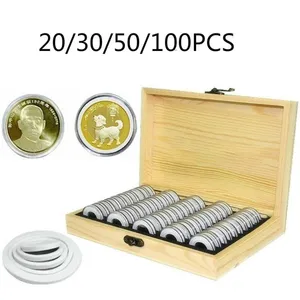 Pine Wood Coin Holder Coins Ring Wooden Storage Box 20/30/50/100pcs Coin Capsules Accommodate Collectible Commemorative Coin Box C0116